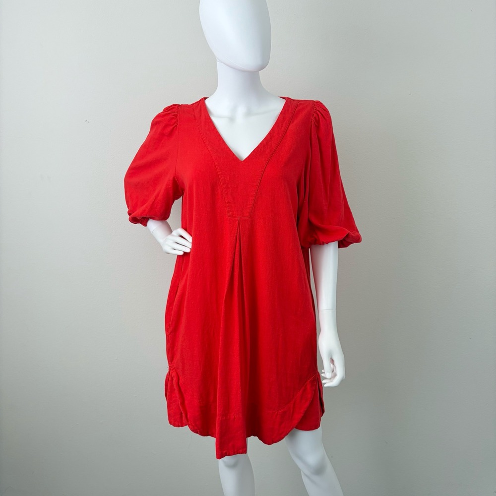 Cynthia Rowley Coral Red Linen Large Puff Sleeve V-Neck Shift Dress with Pockets